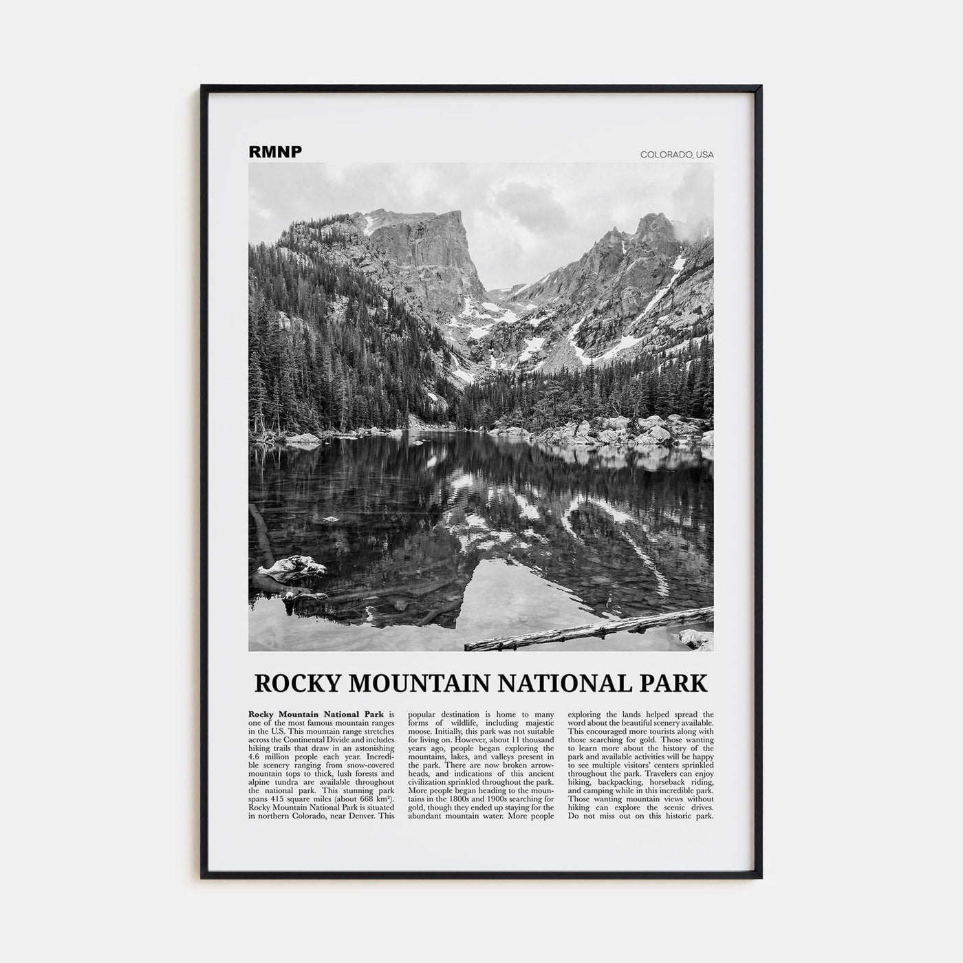 Rocky Mountain National Park Poster Black Metal / 8x12 in Nbourhood Travel B&W Poster