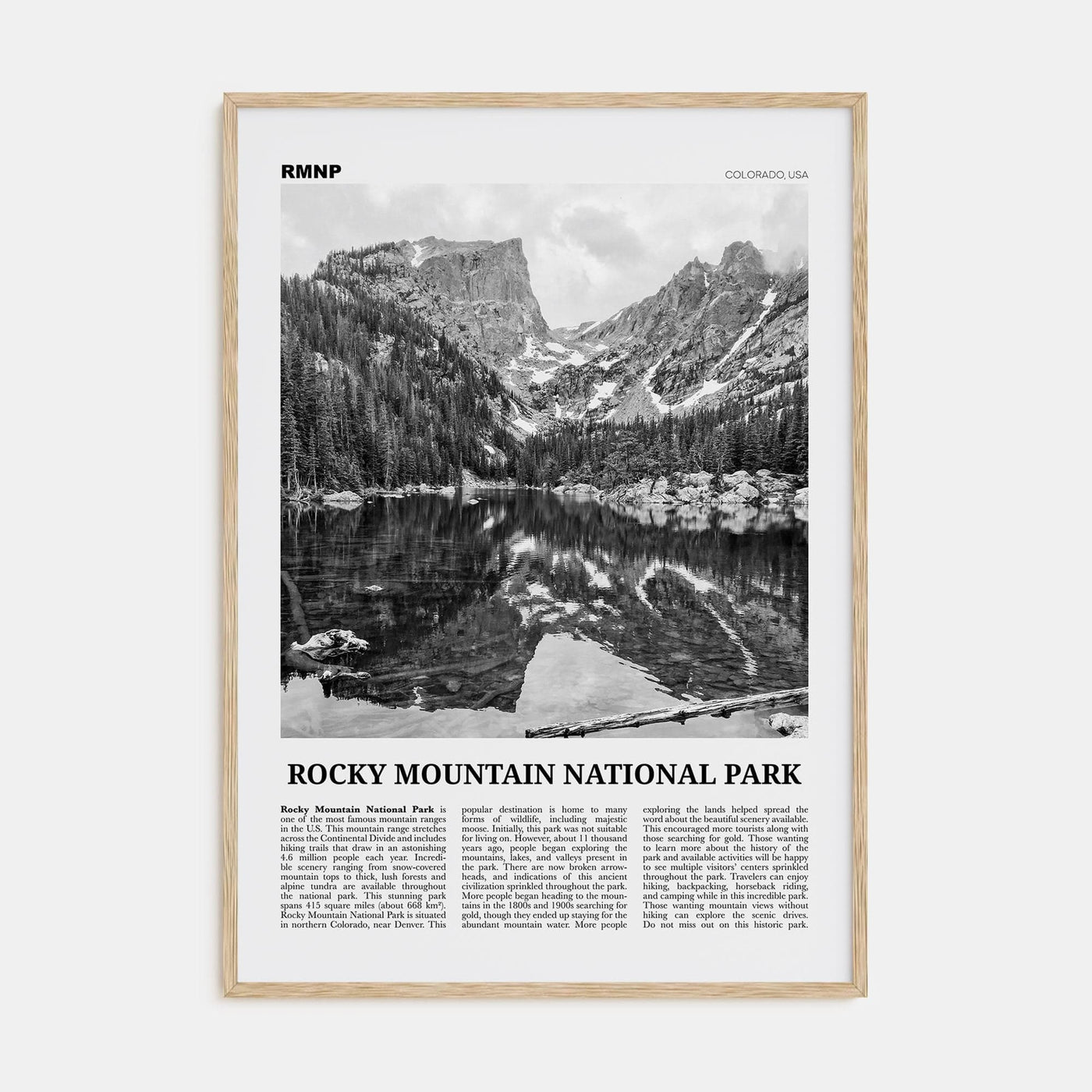 Rocky Mountain National Park Poster Natural Wood / 8x12 in Nbourhood Travel B&W Poster