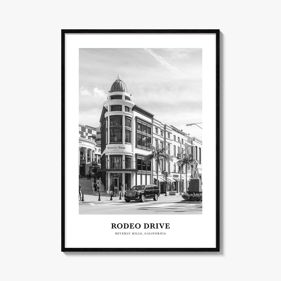 Rodeo Drive black & white classic poster of California, USA – vertical wall art, unframed print shown in interior mockup