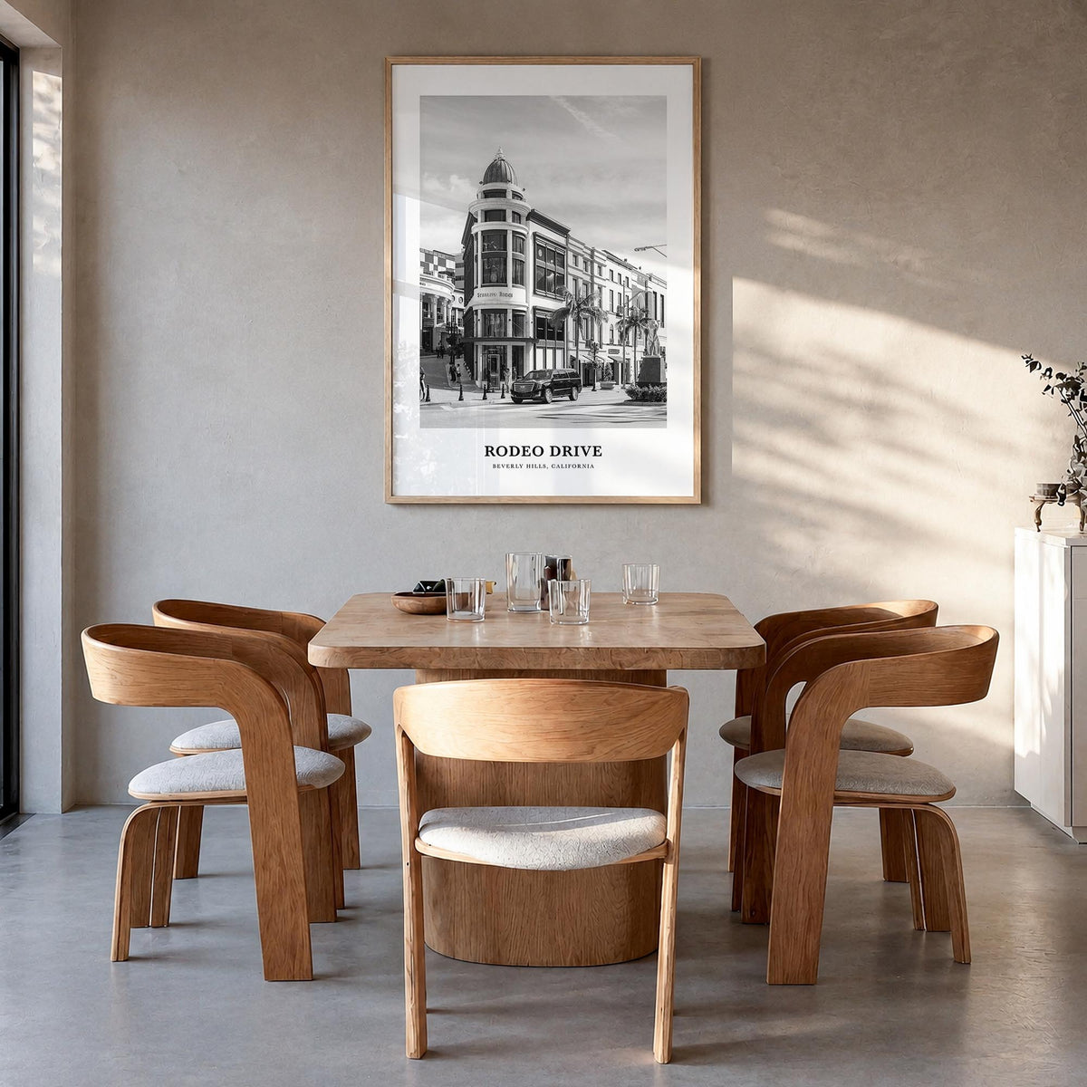 Rodeo Drive black & white classic poster of California, USA – vertical wall art in natural wood frame, hanging on wall