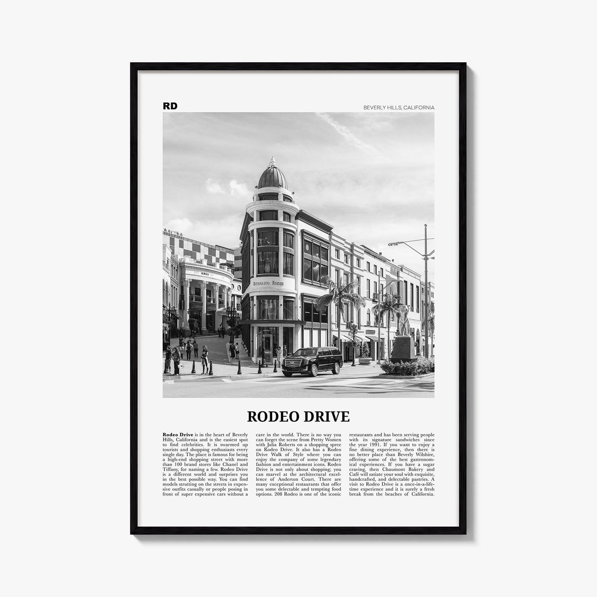 Rodeo Drive black & white newspaper poster of California, USA – vertical wall art, unframed print shown in interior mockup