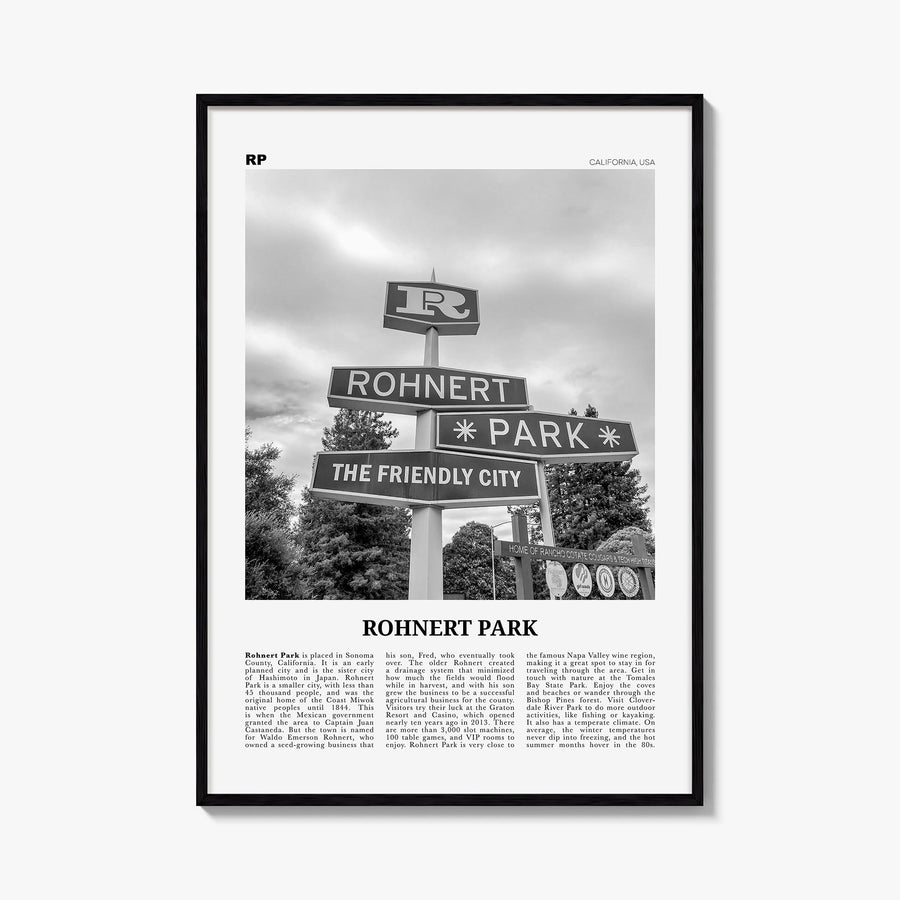Rohnert Park black & white newspaper poster of California, USA – vertical wall art, unframed print shown in interior mockup
