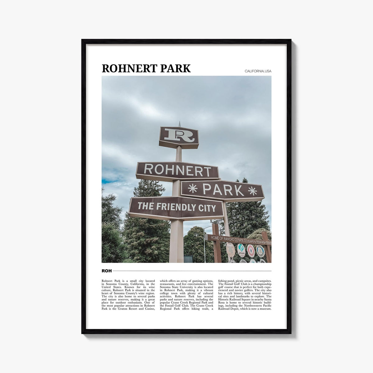 Rohnert Park colorful travel poster of California, USA – vertical wall art, unframed print shown in interior mockup