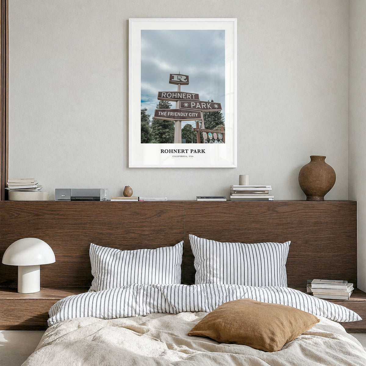 Rohnert Park Classic Poster in a white wood frame, hanging in a bedroom