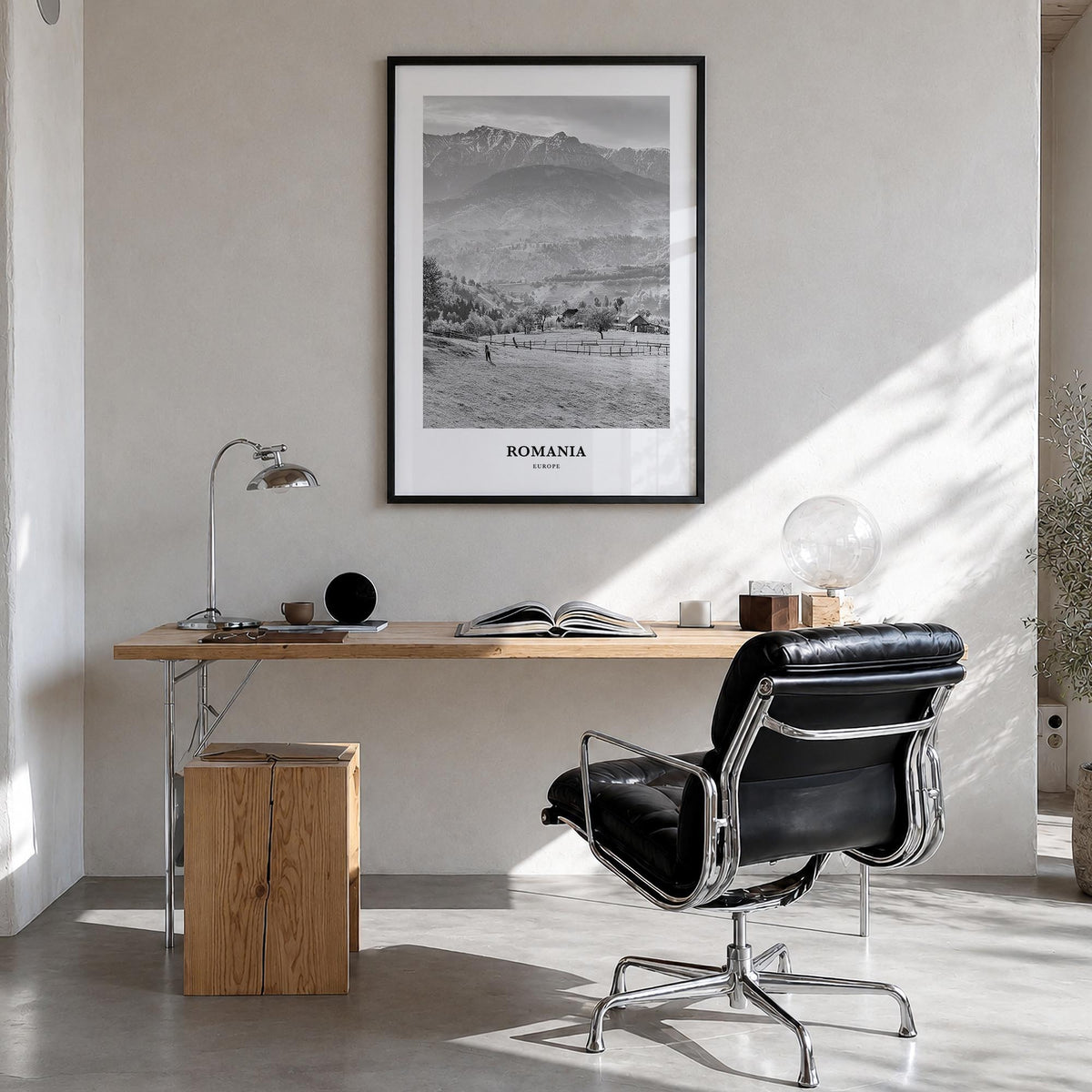 Romania black & white classic poster of Europe – vertical wall art in black wood frame, hanging on wall