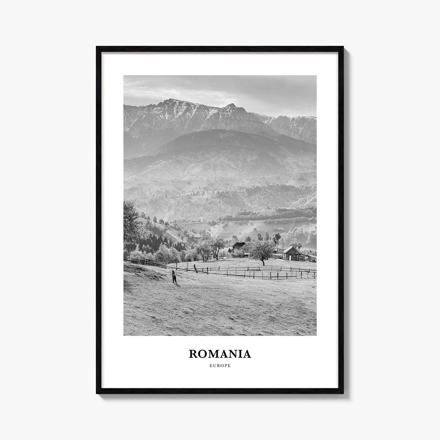 Romania black & white classic poster of Europe – vertical wall art, unframed print shown in interior mockup