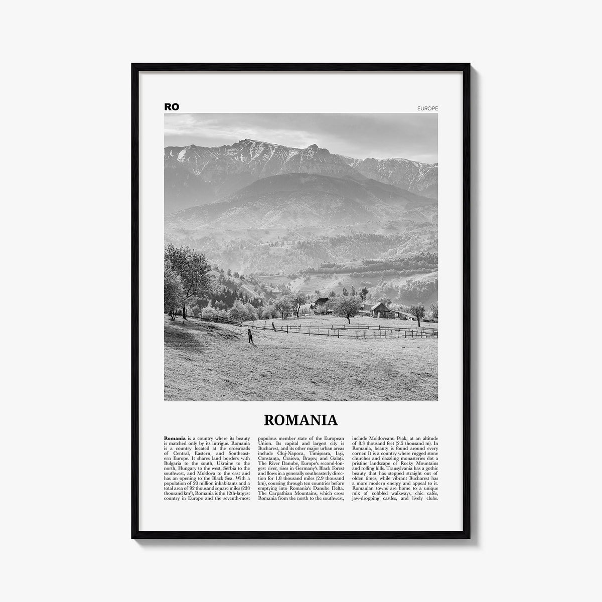 Romania black & white newspaper poster of Europe – vertical wall art, unframed print shown in interior mockup