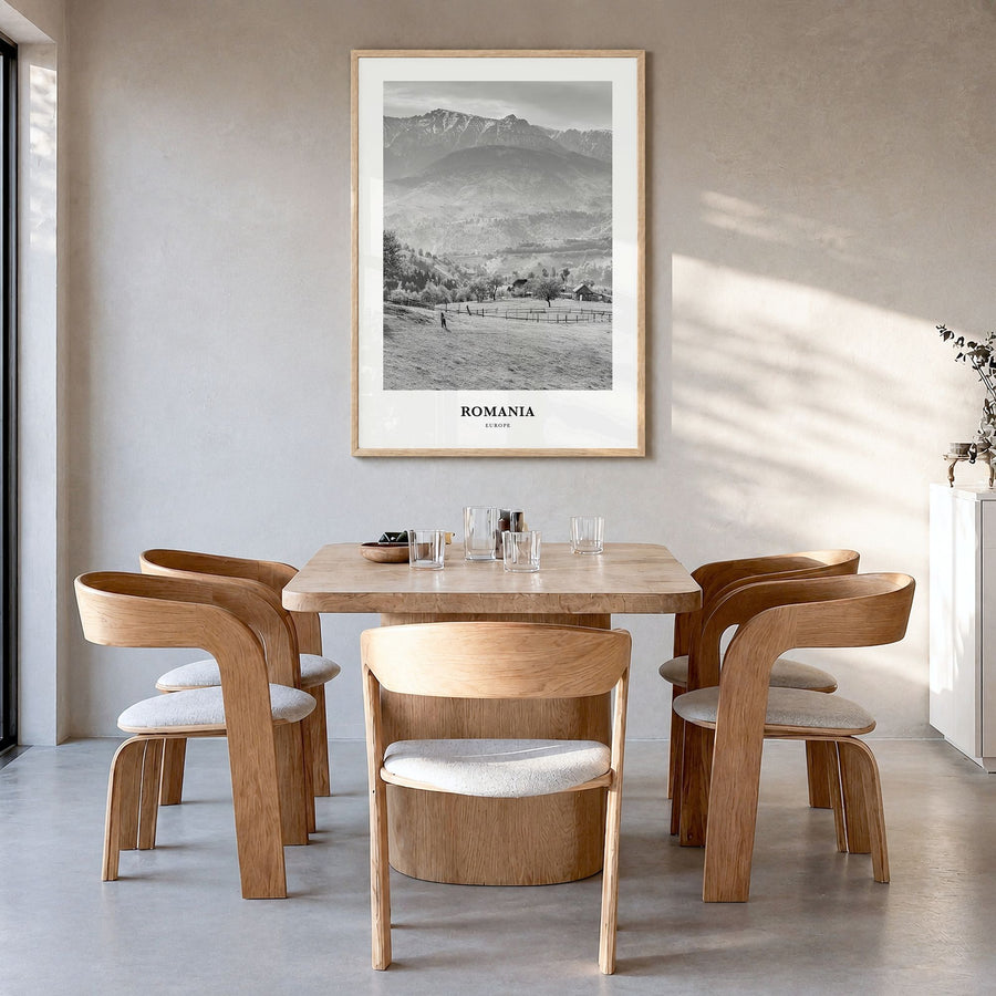 Romania Classic Poster in a natural wood frame, hanging in a dining room