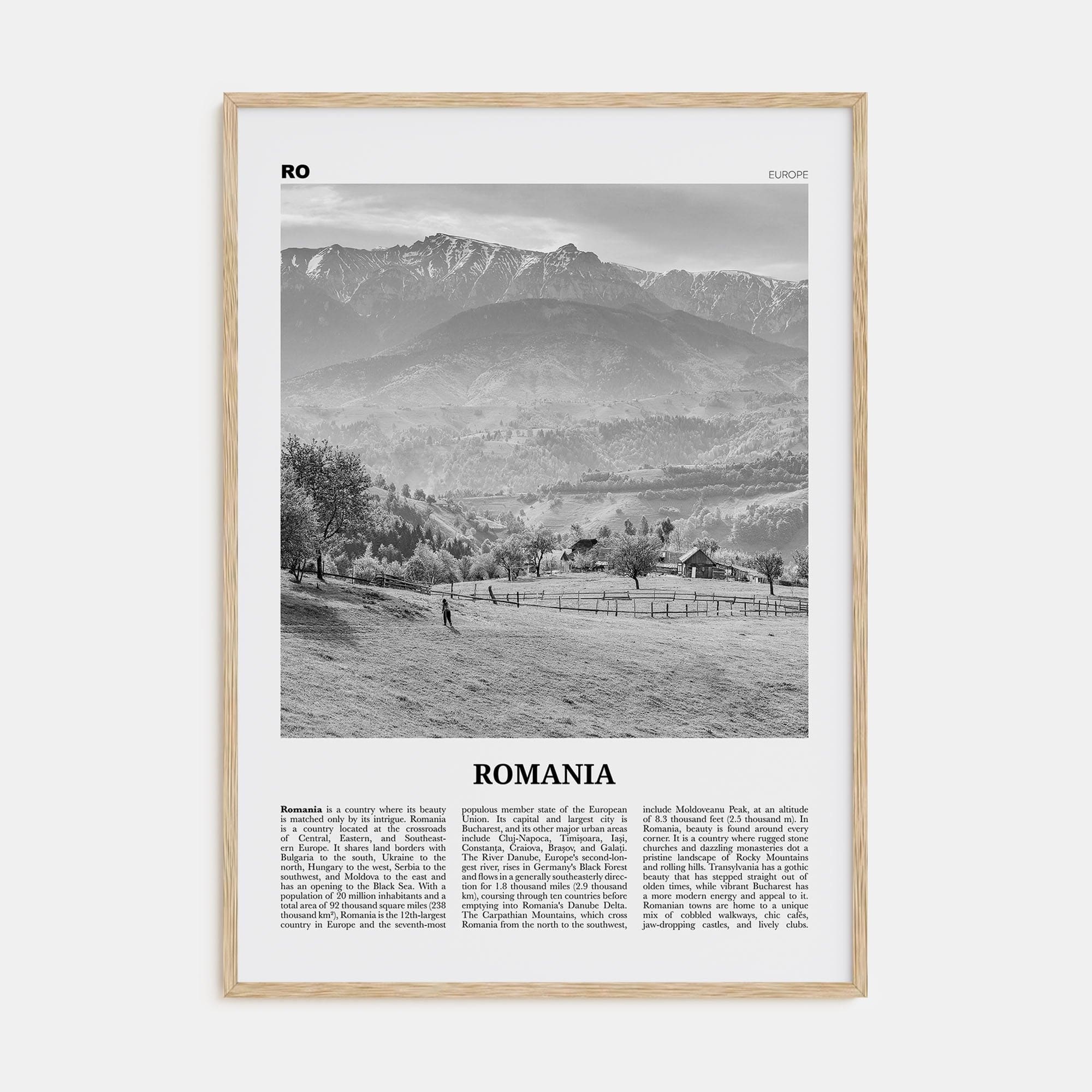 Romania Poster Natural Wood / 8x12 in Nbourhood Travel B&W Poster