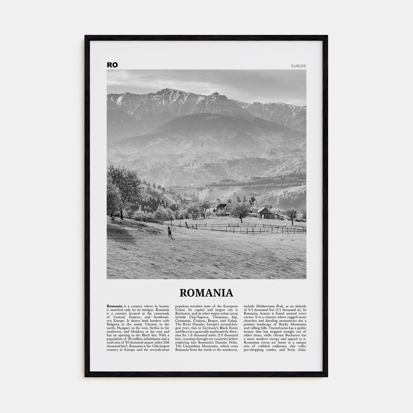 Romania Poster Black Wood / 8x12 in Nbourhood Travel B&W Poster