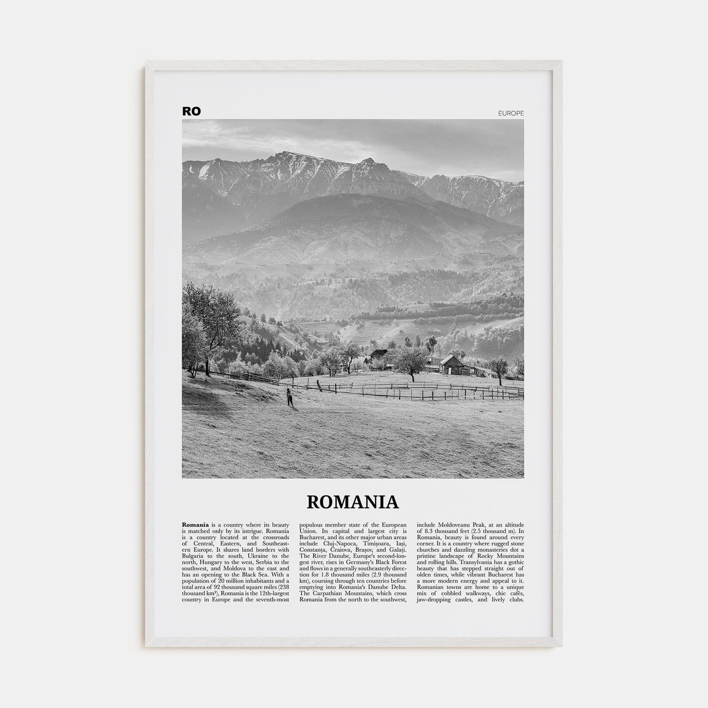 Romania Poster White Wood / 8x12 in Nbourhood Travel B&W Poster