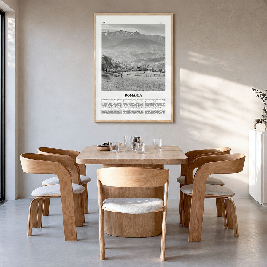 Romania Newspaper Poster in a natural wood frame, hanging in a dining room