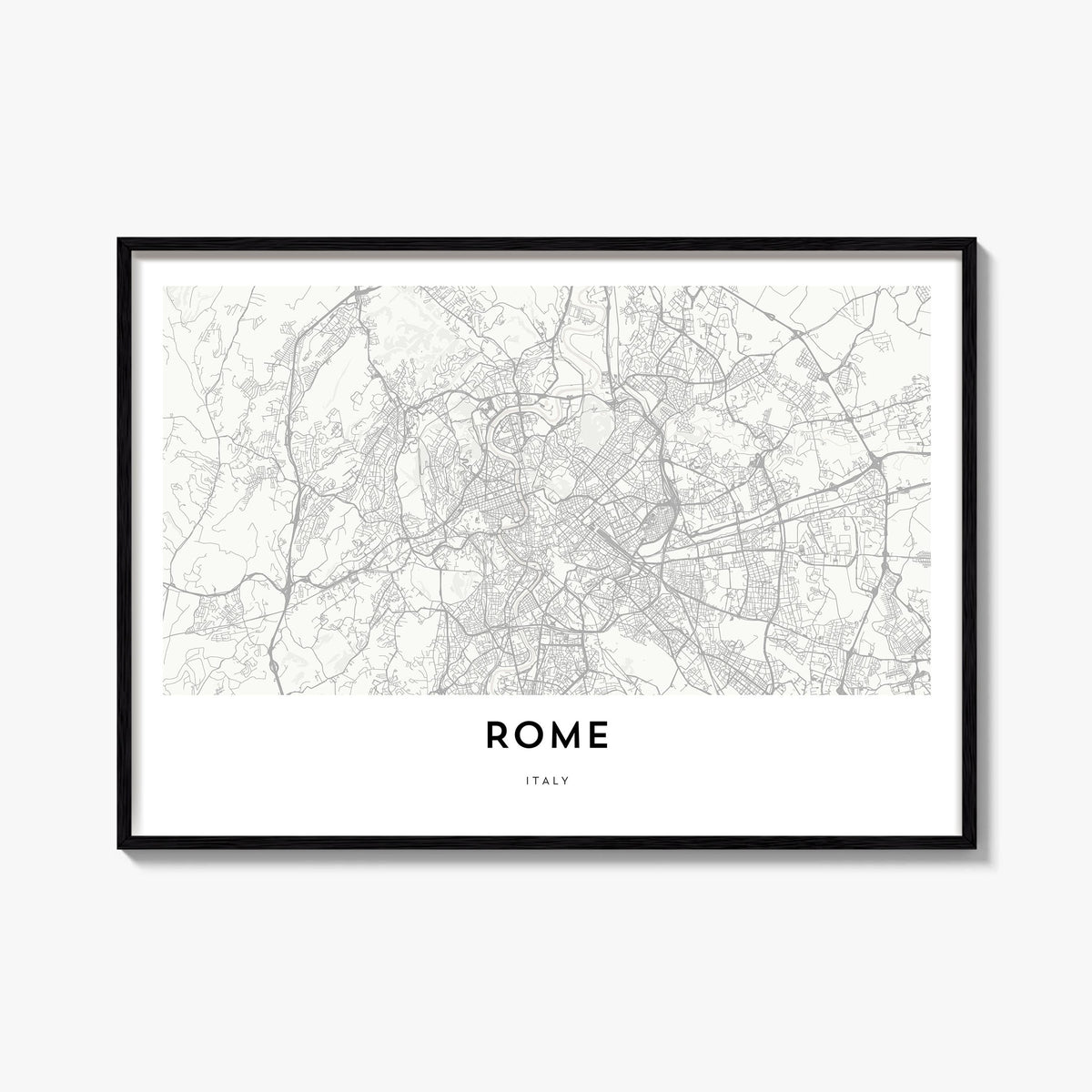 Rome black & white map poster of Italy – horizontal wall art, unframed print shown in interior mockup