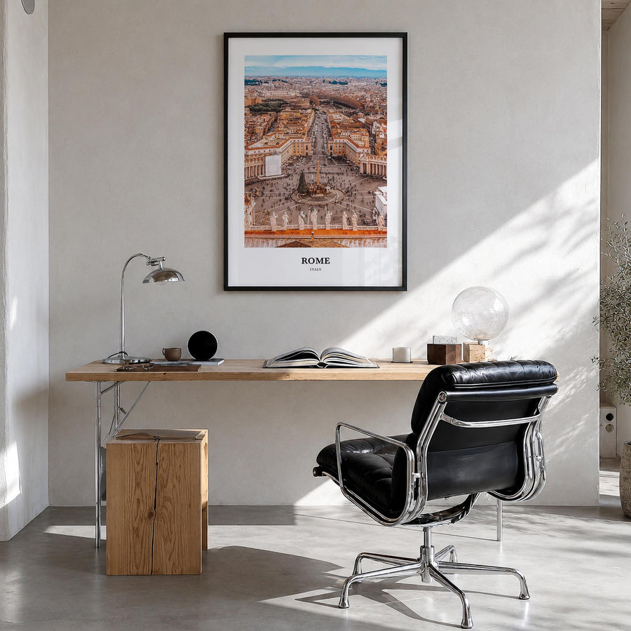 Rome colorful classic poster of Italy – vertical wall art in black wood frame, hanging on wall