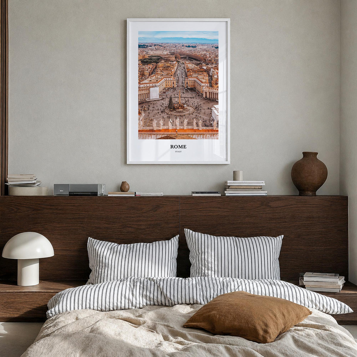 Rome colorful classic poster of Italy – vertical wall art in white wood frame, hanging on wall