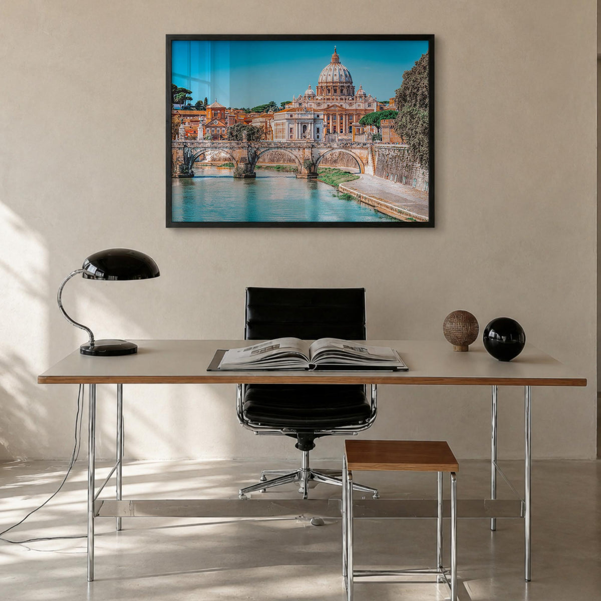 Rome colorful photo poster of Italy – horizontal wall art in black wood frame, hanging on wall
