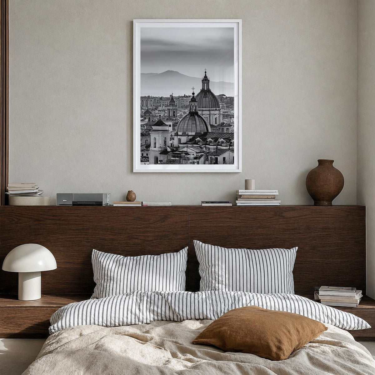 Rome no. 1 black & white photo poster of Italy – vertical wall art in white wood frame with white border, hanging on wall