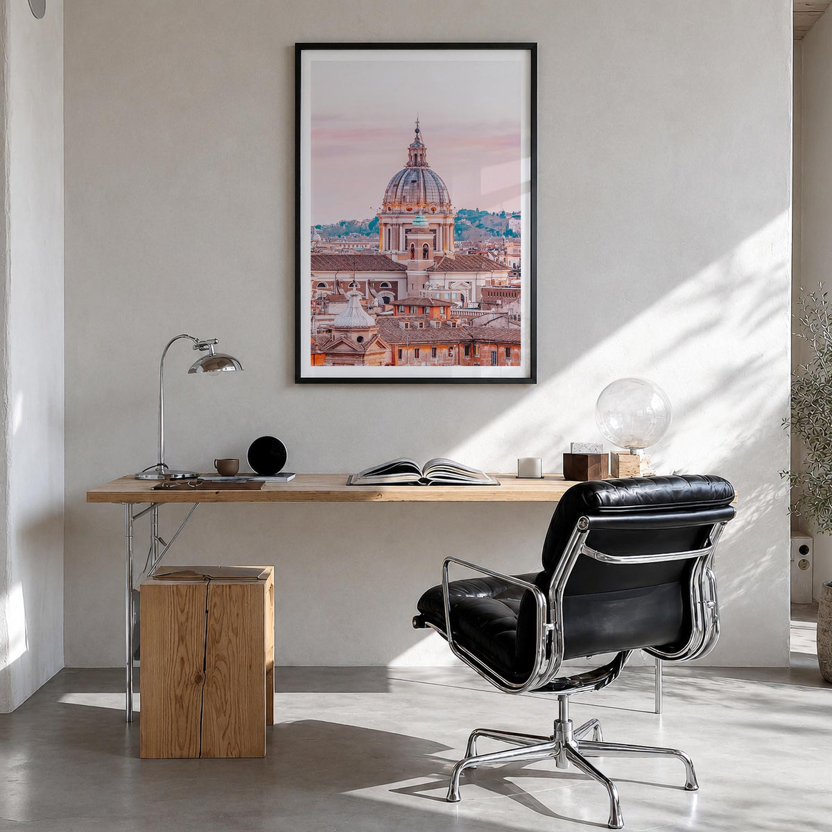 Rome no. 1 colorful photo poster of Italy – vertical wall art in black wood frame with white border, hanging on wall