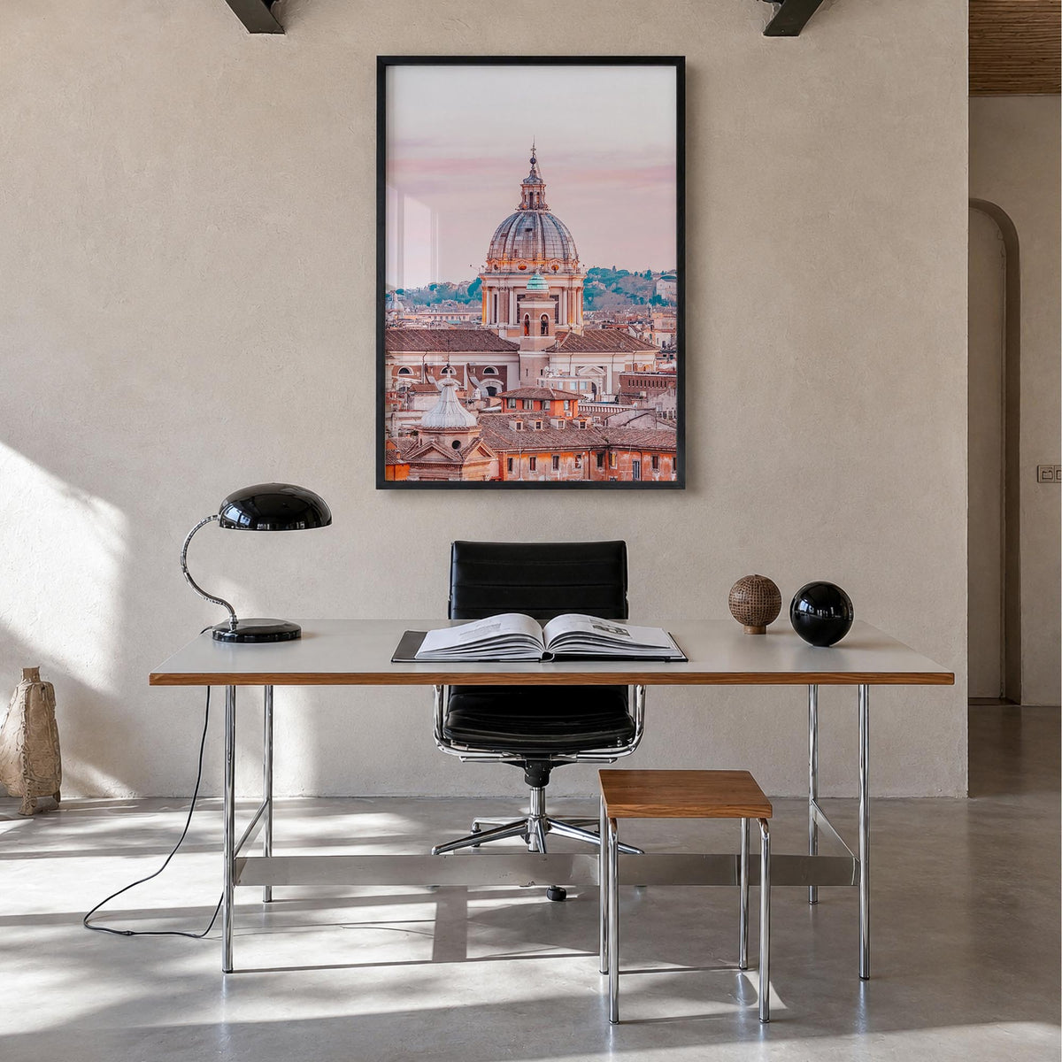 Rome no. 1 colorful photo poster of Italy – vertical wall art in black wood frame, hanging on wall