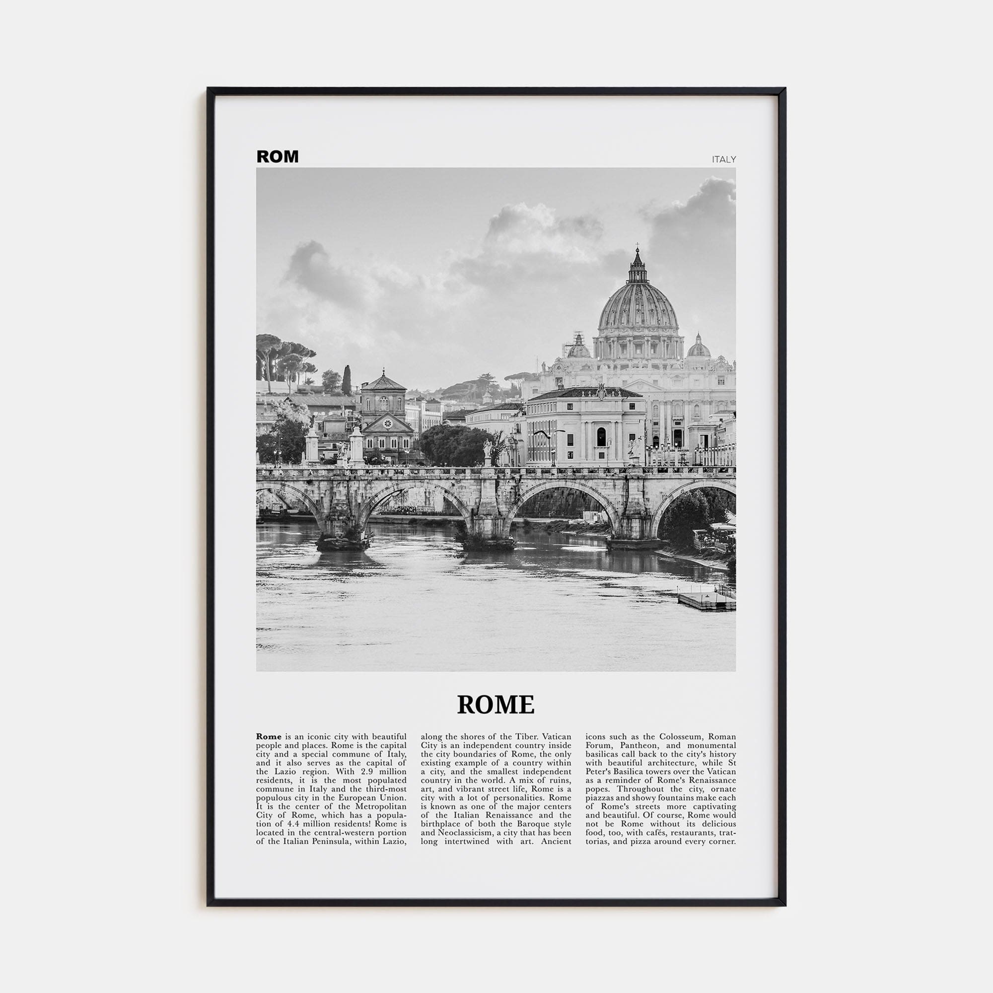 Rome No 1 Poster Black Metal / 8x12 in Nbourhood Travel B&W Poster