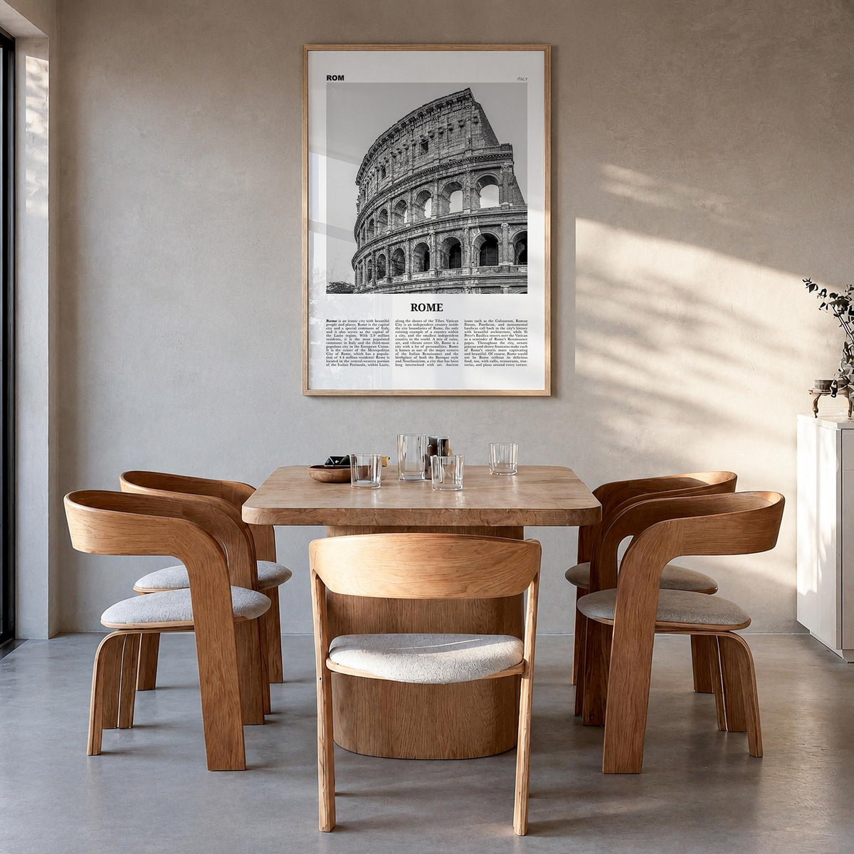Rome no. 2 black & white newspaper poster of Italy – vertical wall art in natural wood frame, hanging on wall