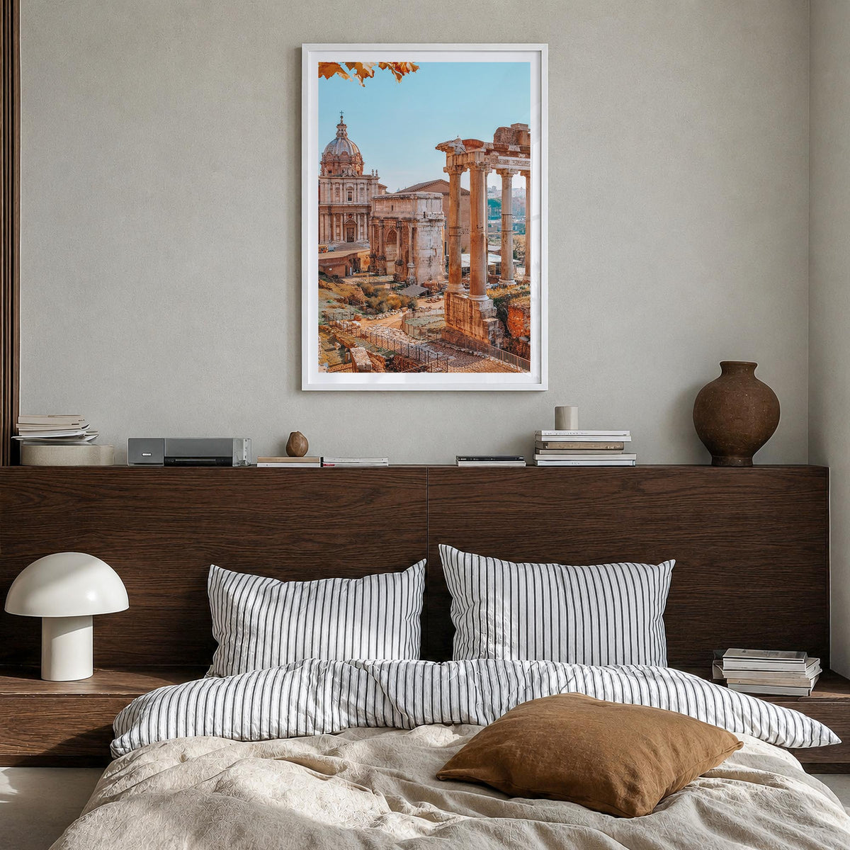 Rome no. 2 colorful photo poster of Italy – vertical wall art in white wood frame with white border, hanging on wall