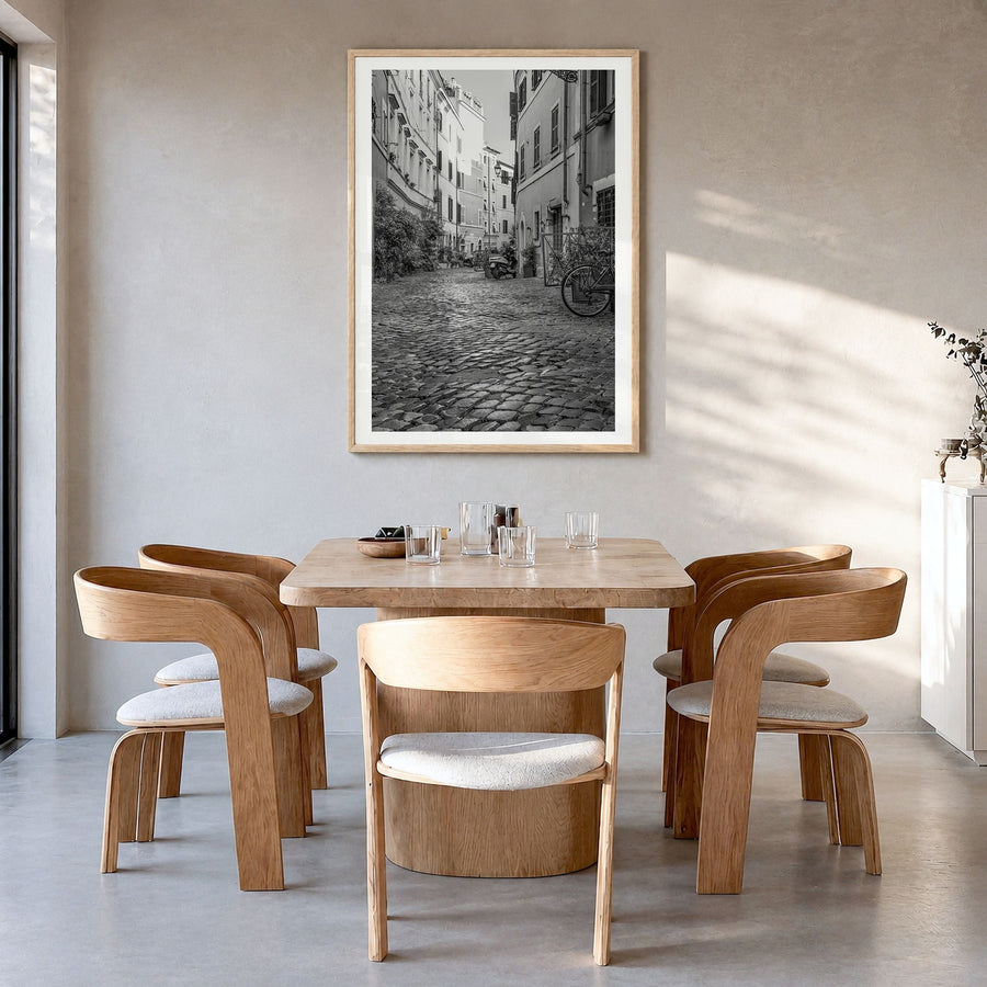 Rome Photo No 2 Poster in a natural wood frame, hanging in a dining room, white border