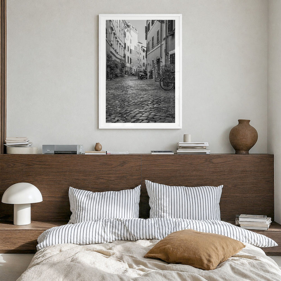 Rome Photo No 2 Poster in a white wood frame, hanging in a bedroom, white border