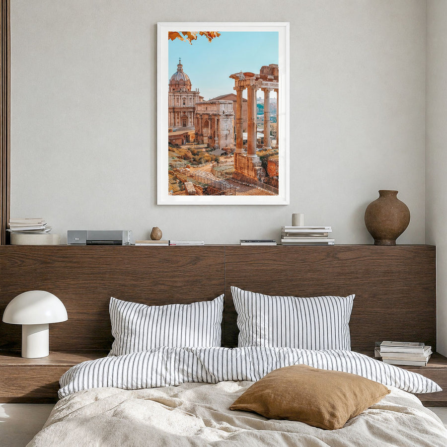 Rome Photo No 2 Poster in a white wood frame, hanging in a bedroom, white border