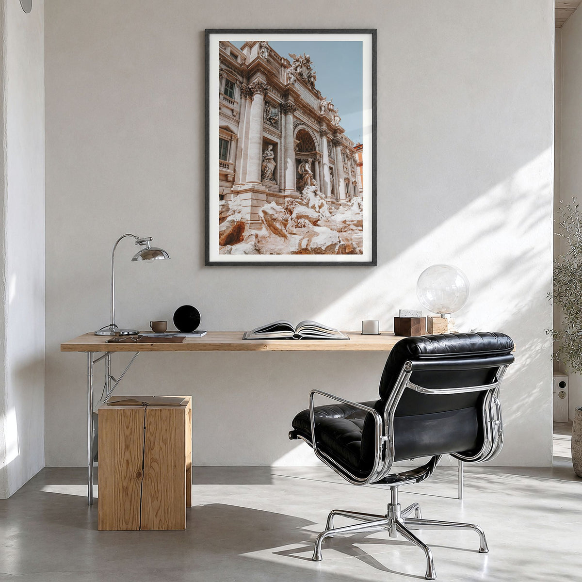 Rome Photo No 3 Poster in a black wood frame, hanging in a bright home office, white border