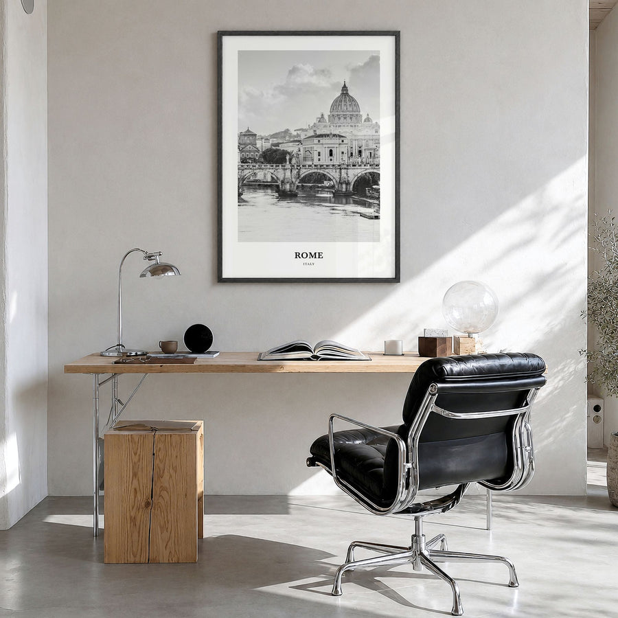 Rome Classic No 1 Poster in a black wood frame, hanging in a bright home office