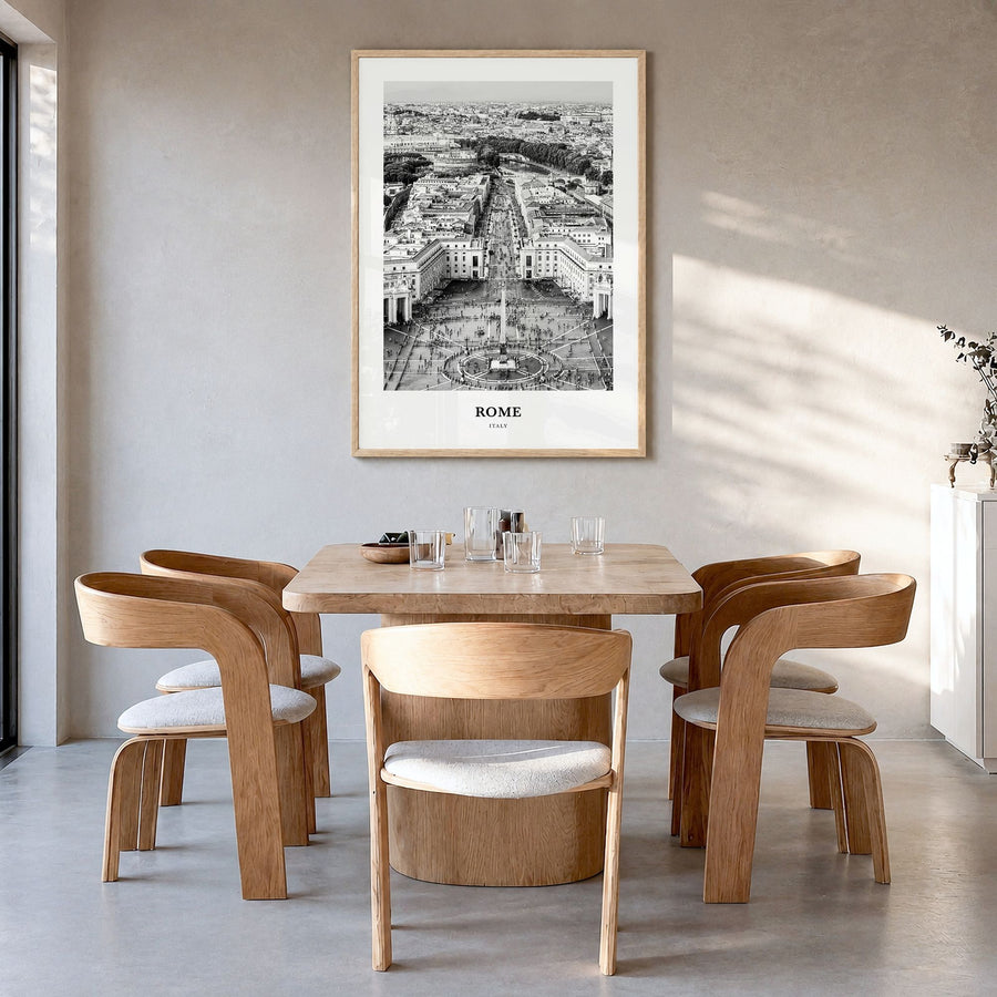 Rome Classic No 3 Poster in a natural wood frame, hanging in a dining room