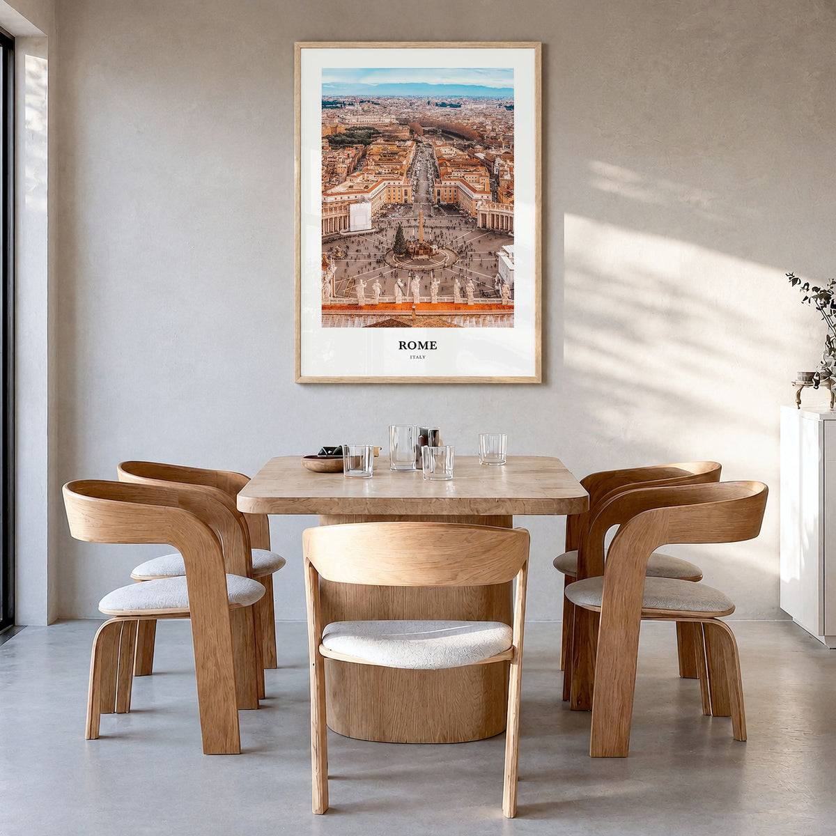 Rome Classic Poster in a natural wood frame, hanging in a dining room