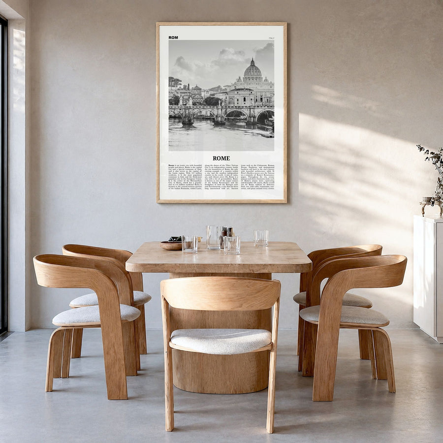 Rome Newspaper No 1 Poster in a natural wood frame, hanging in a dining room