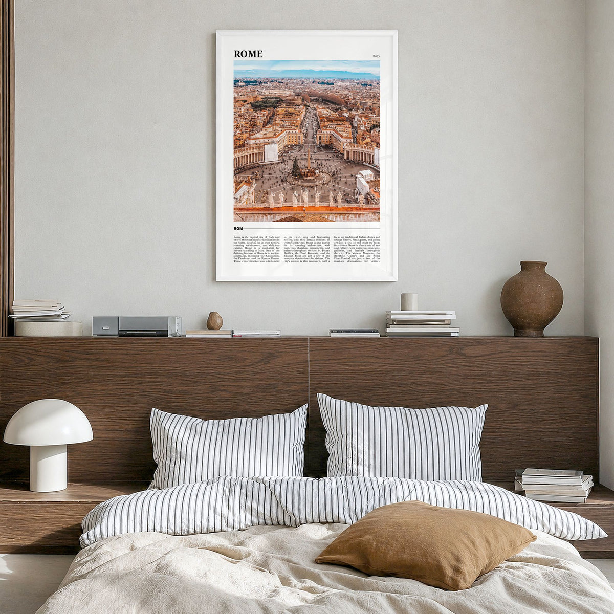 Rome Travel Poster in a white wood frame, hanging in a bedroom