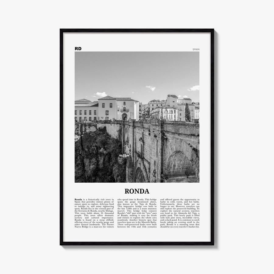 Ronda black & white newspaper poster of Spain – vertical wall art, unframed print shown in interior mockup