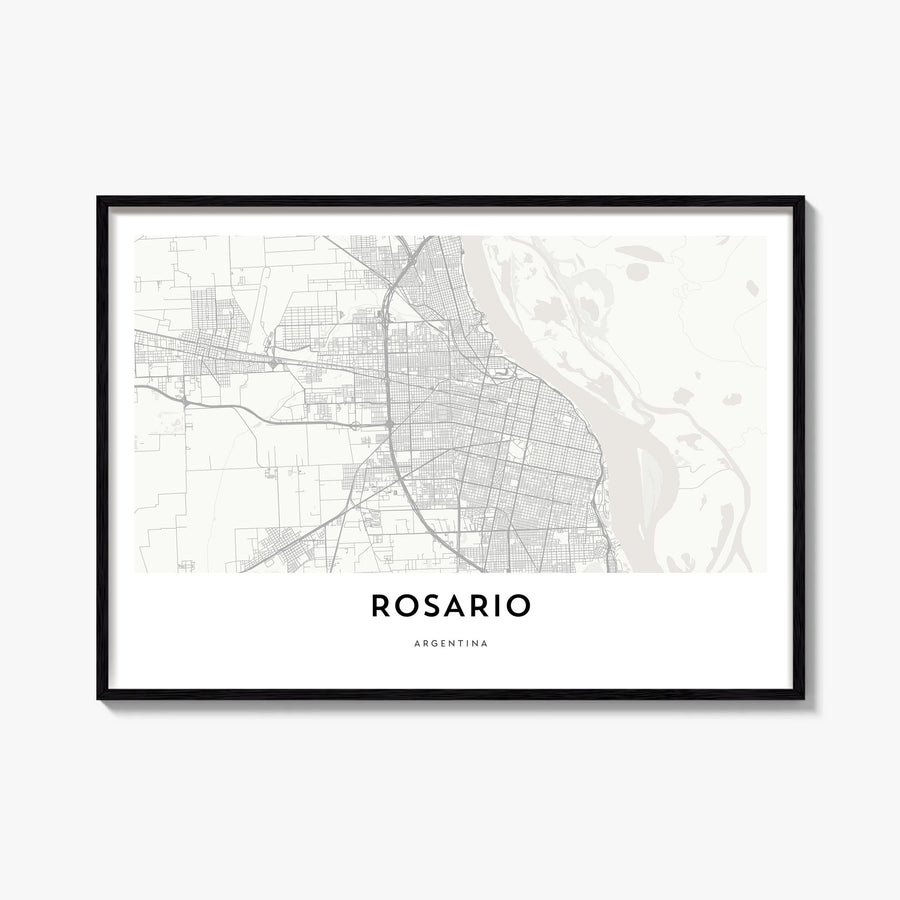 Rosario black & white map poster of Argentina – horizontal wall art, unframed print shown in interior mockup