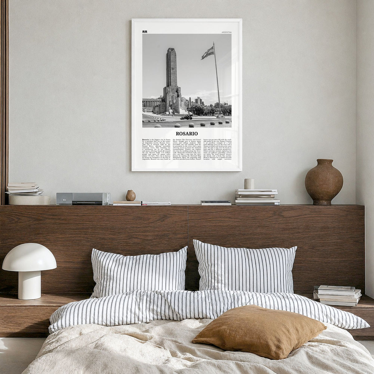 Rosario Newspaper No 2 Poster in a white wood frame, hanging in a bedroom