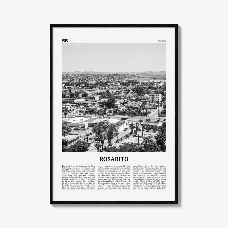 Rosarito black & white newspaper poster of Mexico – vertical wall art, unframed print shown in interior mockup