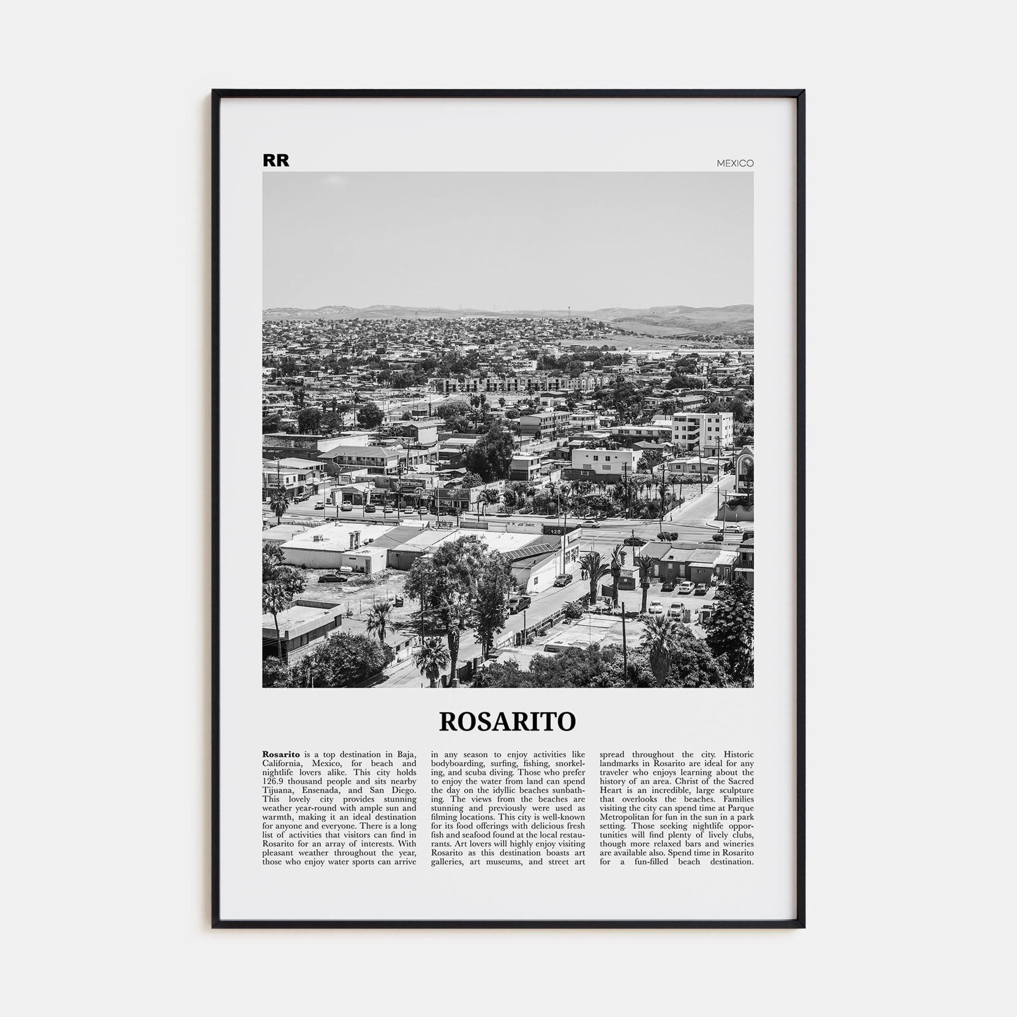 Rosarito Poster Black Metal / 8x12 in Nbourhood Travel B&W Poster