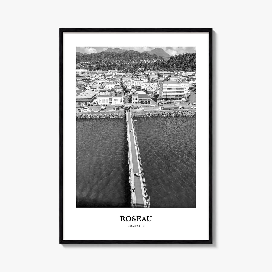 Roseau black & white classic poster of Dominica – vertical wall art, unframed print shown in interior mockup