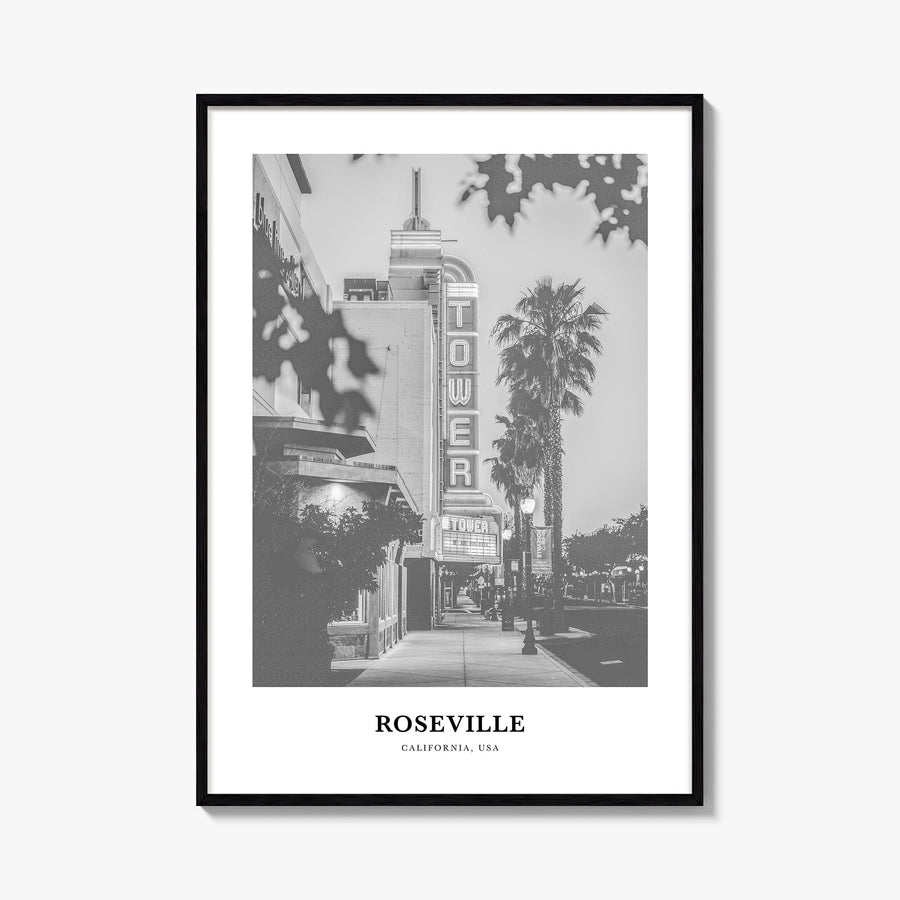 Roseville black & white classic poster of California, USA – vertical wall art, unframed print shown in interior mockup