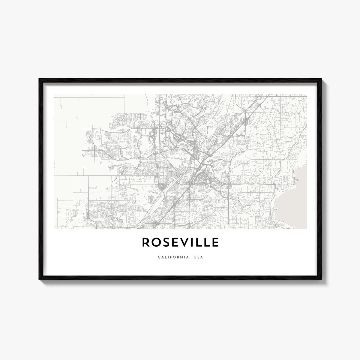 Roseville black & white map poster of California, USA – horizontal wall art, unframed print shown in interior mockup
