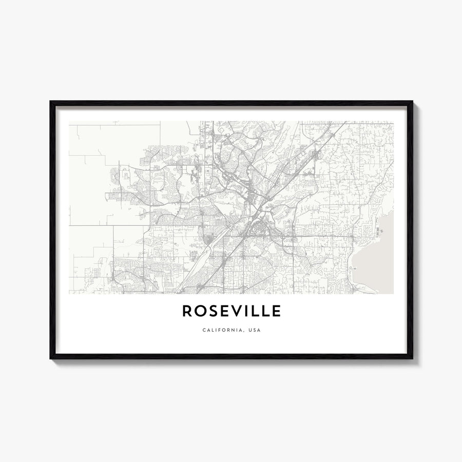 Roseville black & white map poster of California, USA – horizontal wall art, unframed print shown in interior mockup
