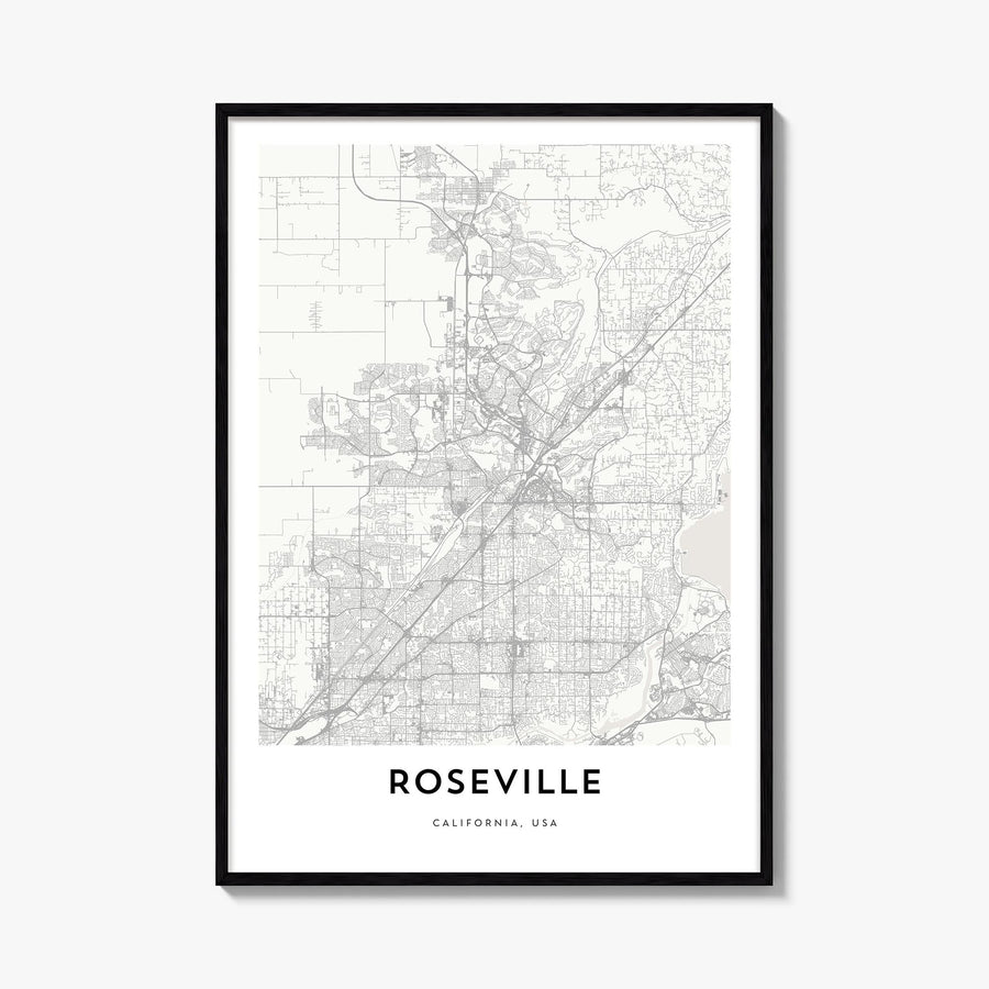 Roseville black & white map poster of California, USA – vertical wall art, unframed print shown in interior mockup