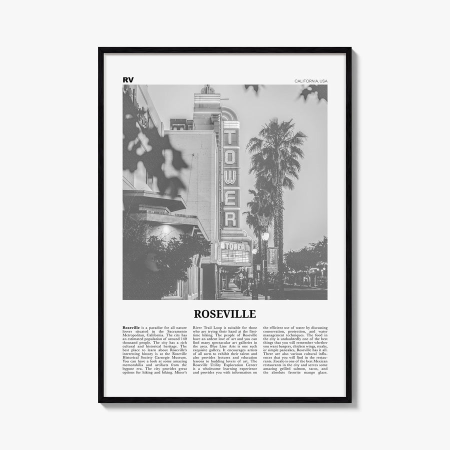 Roseville black & white newspaper poster of California, USA – vertical wall art, unframed print shown in interior mockup
