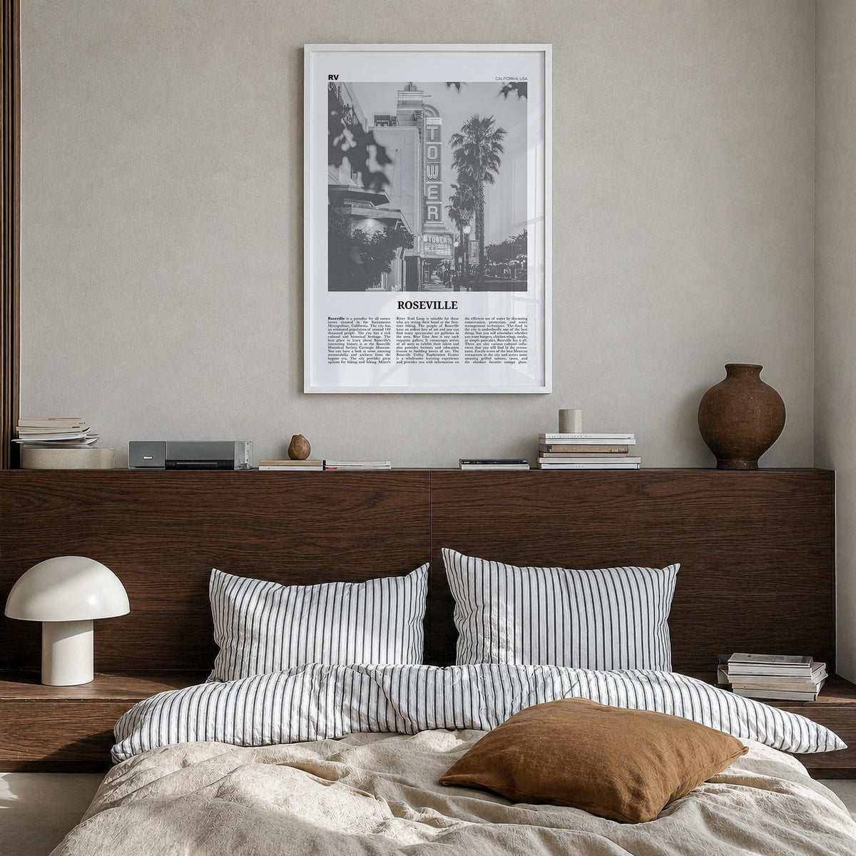 Roseville black & white newspaper poster of California, USA – vertical wall art in white wood frame, hanging on wall