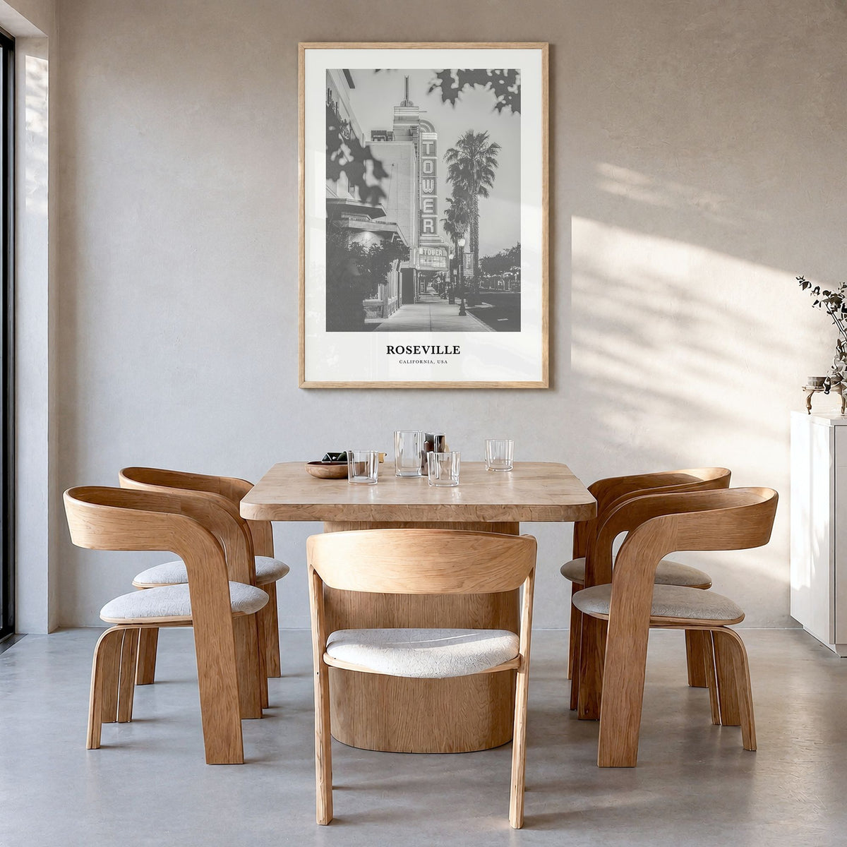 Roseville Classic Poster in a natural wood frame, hanging in a dining room