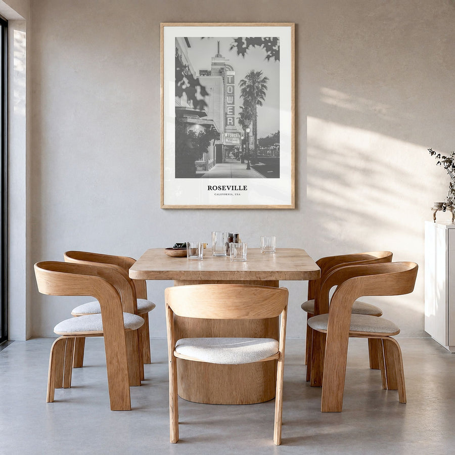 Roseville Classic Poster in a natural wood frame, hanging in a dining room