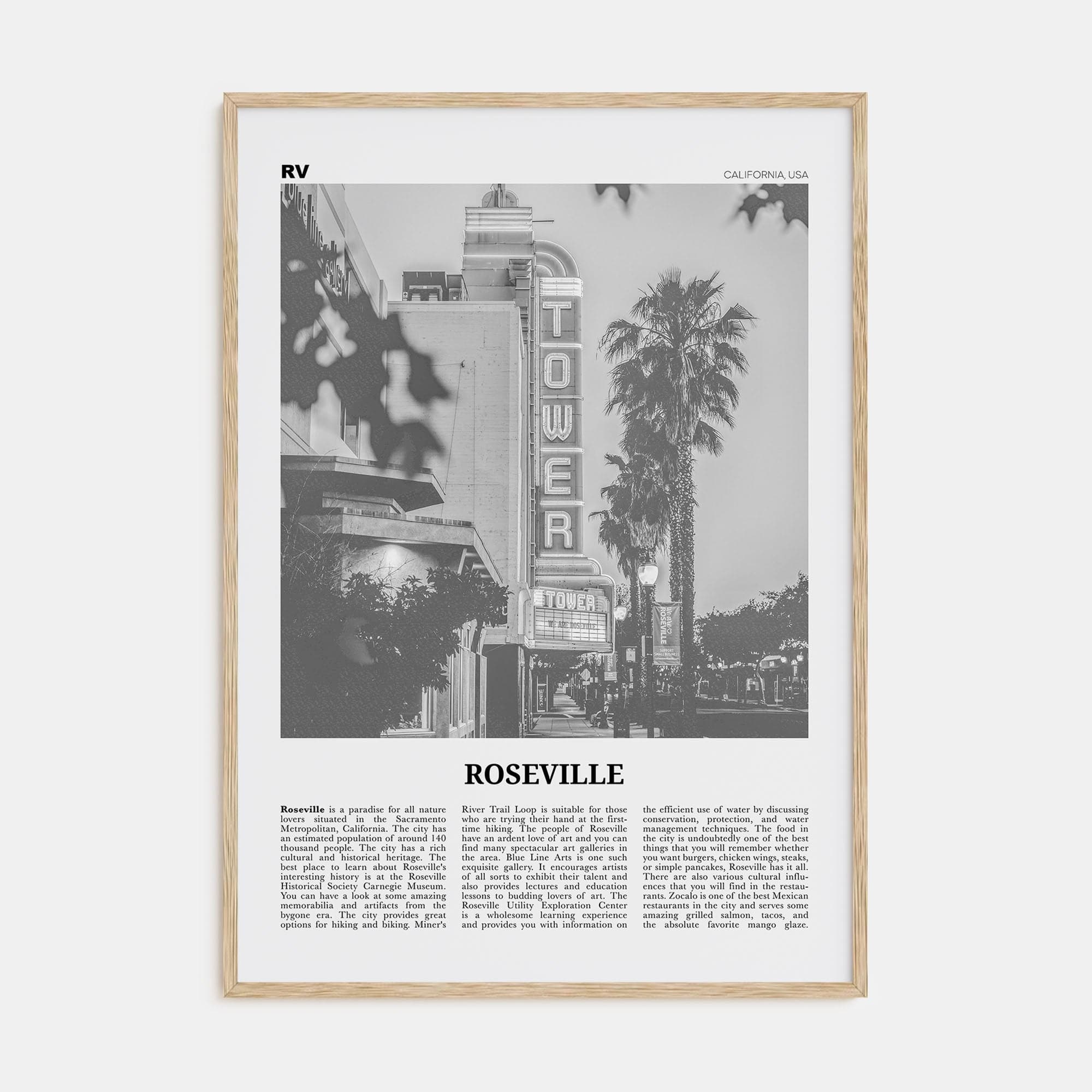 Roseville Poster Natural Wood / 8x12 in Nbourhood Travel B&W Poster